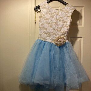 White and blue dance costume with white bodice, blue tutu -- adult small